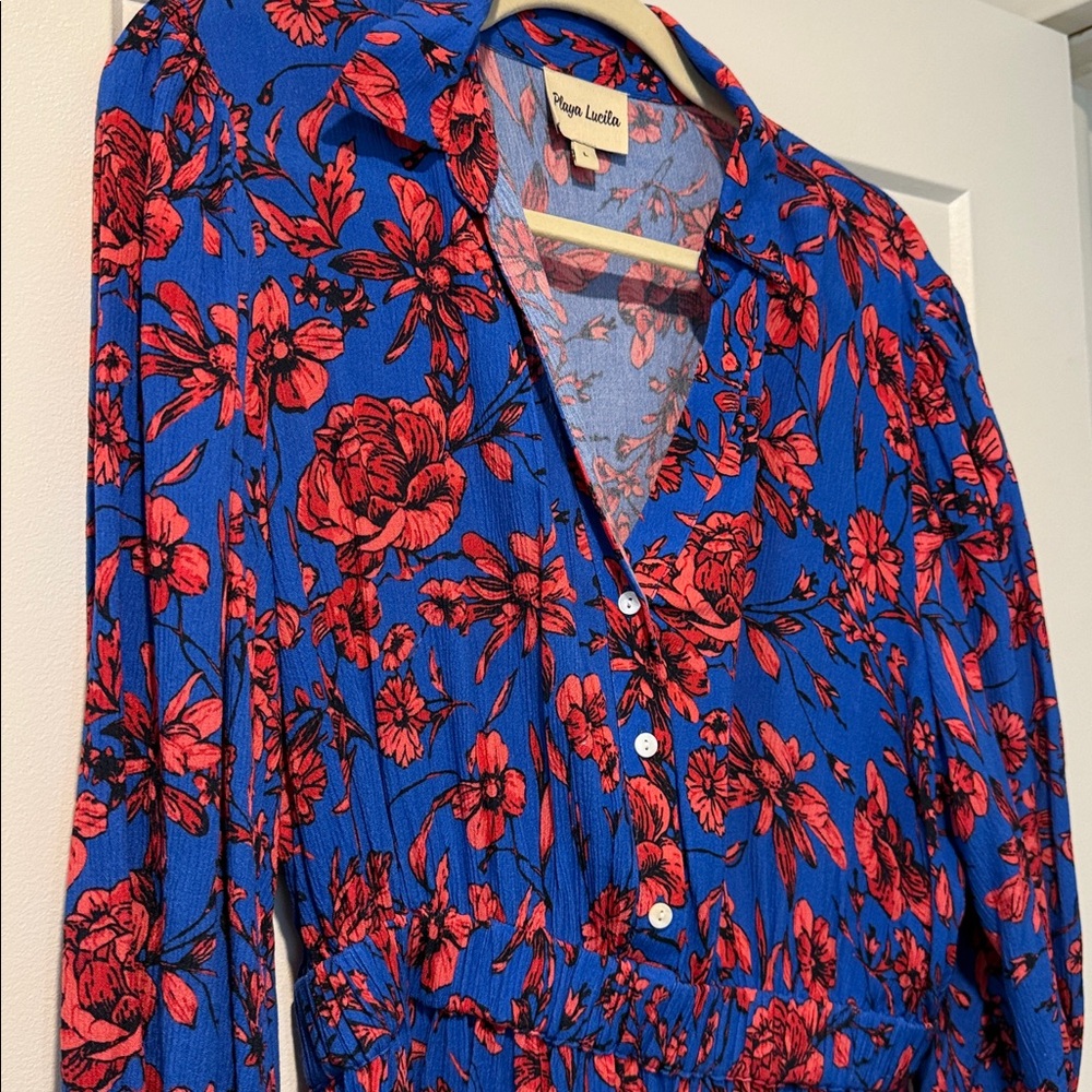 Blue & Red Floral Mini Dress with V-Neck - Picture 3 of 6